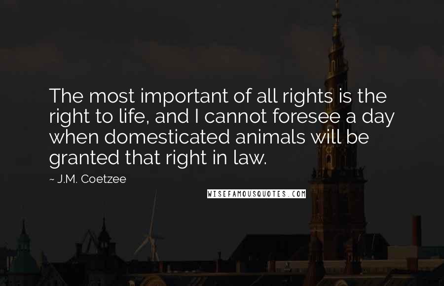 J.M. Coetzee Quotes: The most important of all rights is the right to life, and I cannot foresee a day when domesticated animals will be granted that right in law.