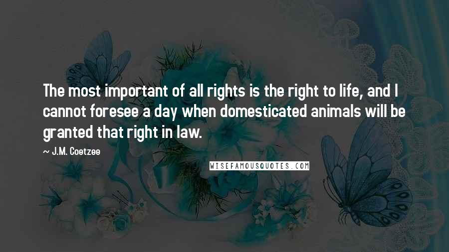 J.M. Coetzee Quotes: The most important of all rights is the right to life, and I cannot foresee a day when domesticated animals will be granted that right in law.