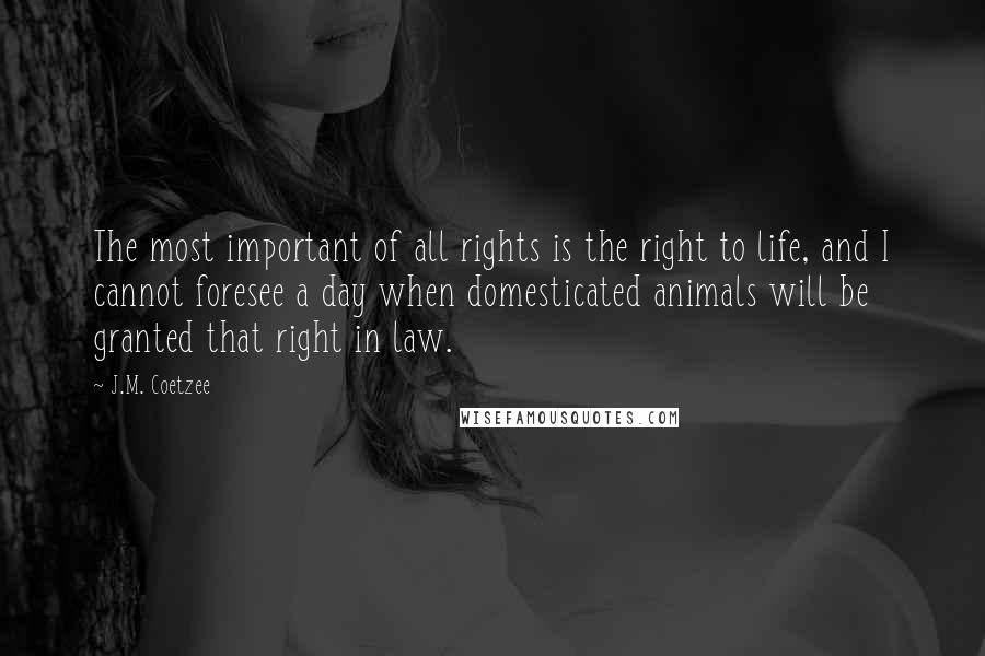 J.M. Coetzee Quotes: The most important of all rights is the right to life, and I cannot foresee a day when domesticated animals will be granted that right in law.