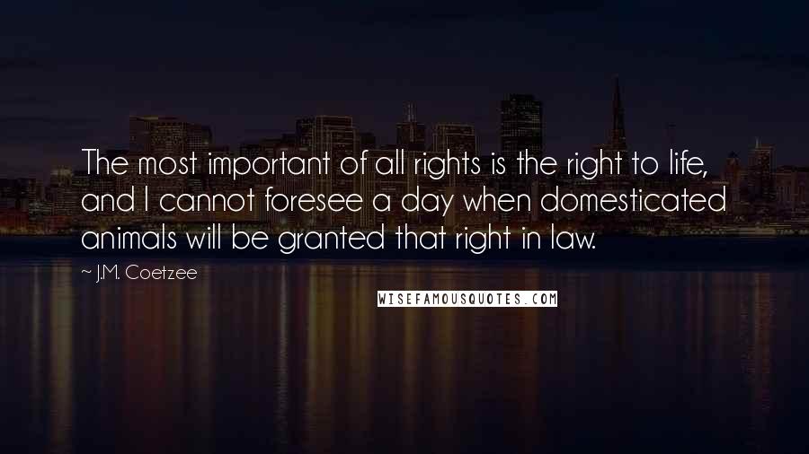 J.M. Coetzee Quotes: The most important of all rights is the right to life, and I cannot foresee a day when domesticated animals will be granted that right in law.