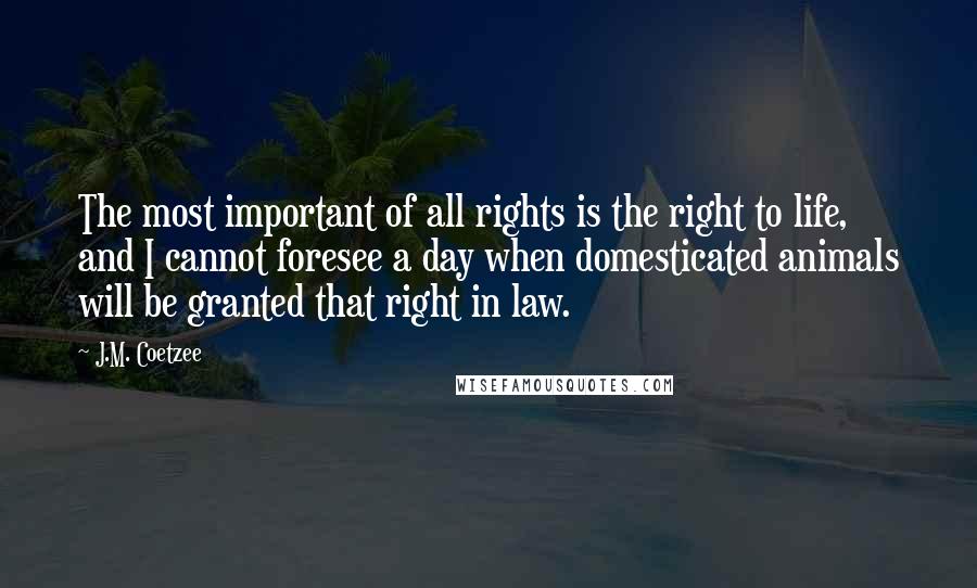 J.M. Coetzee Quotes: The most important of all rights is the right to life, and I cannot foresee a day when domesticated animals will be granted that right in law.