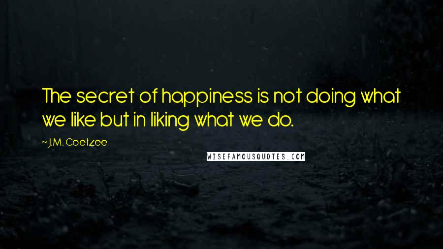 J.M. Coetzee Quotes: The secret of happiness is not doing what we like but in liking what we do.