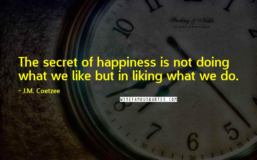 J.M. Coetzee Quotes: The secret of happiness is not doing what we like but in liking what we do.