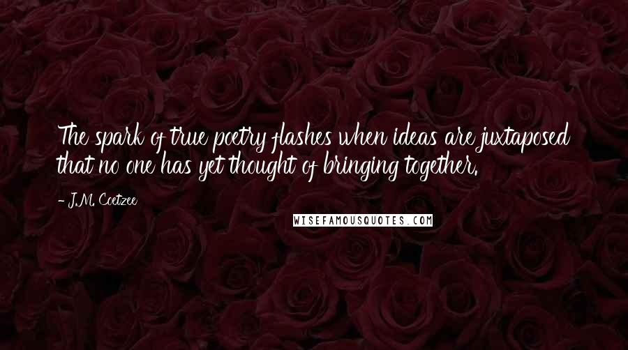 J.M. Coetzee Quotes: The spark of true poetry flashes when ideas are juxtaposed that no one has yet thought of bringing together.