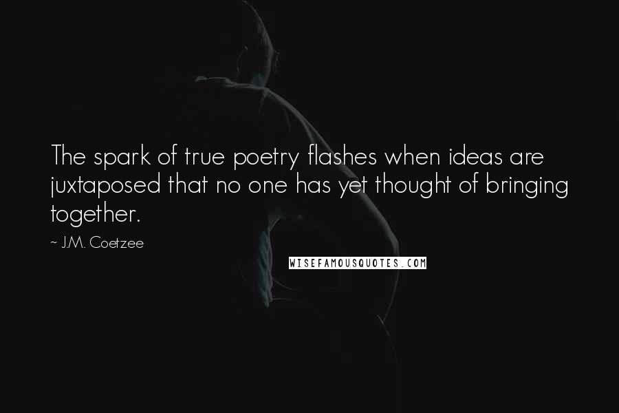 J.M. Coetzee Quotes: The spark of true poetry flashes when ideas are juxtaposed that no one has yet thought of bringing together.