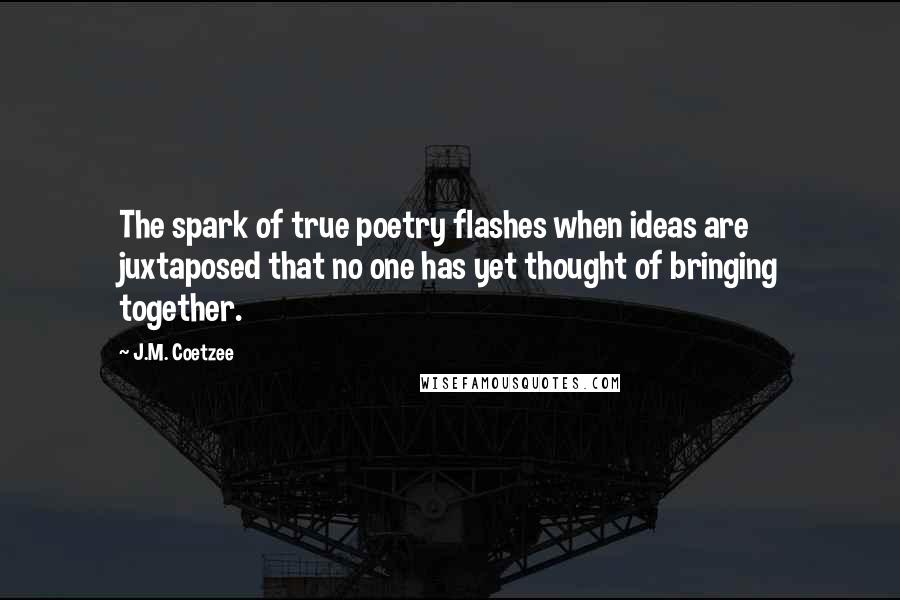 J.M. Coetzee Quotes: The spark of true poetry flashes when ideas are juxtaposed that no one has yet thought of bringing together.