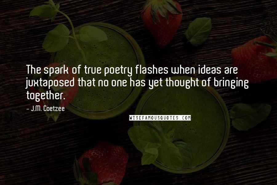 J.M. Coetzee Quotes: The spark of true poetry flashes when ideas are juxtaposed that no one has yet thought of bringing together.