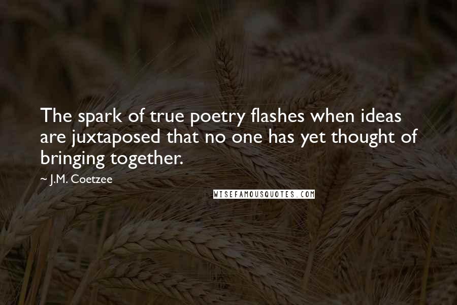 J.M. Coetzee Quotes: The spark of true poetry flashes when ideas are juxtaposed that no one has yet thought of bringing together.