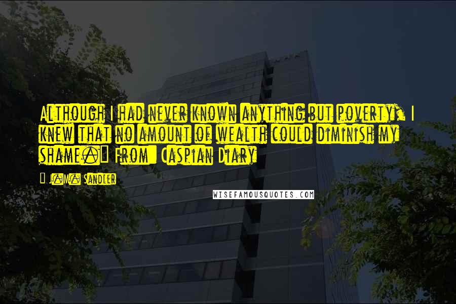 J.M. Sandler Quotes: Although I had never known anything but poverty, I knew that no amount of wealth could diminish my shame." From: Caspian Diary