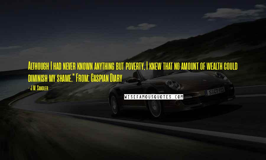 J.M. Sandler Quotes: Although I had never known anything but poverty, I knew that no amount of wealth could diminish my shame." From: Caspian Diary