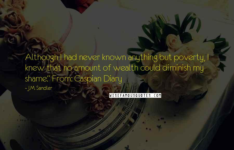 J.M. Sandler Quotes: Although I had never known anything but poverty, I knew that no amount of wealth could diminish my shame." From: Caspian Diary