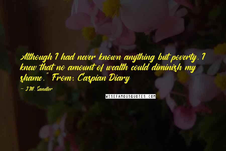 J.M. Sandler Quotes: Although I had never known anything but poverty, I knew that no amount of wealth could diminish my shame." From: Caspian Diary