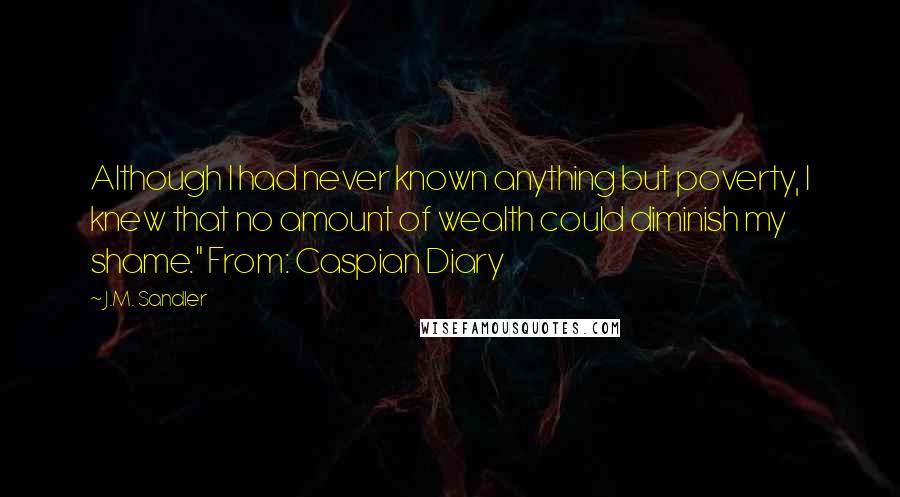 J.M. Sandler Quotes: Although I had never known anything but poverty, I knew that no amount of wealth could diminish my shame." From: Caspian Diary