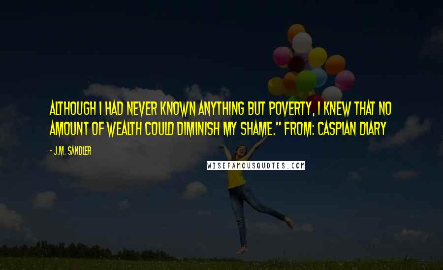 J.M. Sandler Quotes: Although I had never known anything but poverty, I knew that no amount of wealth could diminish my shame." From: Caspian Diary