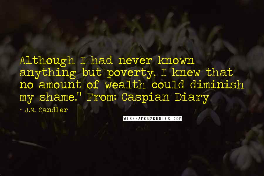 J.M. Sandler Quotes: Although I had never known anything but poverty, I knew that no amount of wealth could diminish my shame." From: Caspian Diary