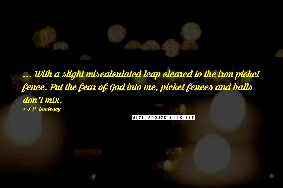J.P. Donleavy Quotes: ... With a slight miscalculated leap cleared to the iron picket fence. Put the fear of God into me, picket fences and balls don't mix.