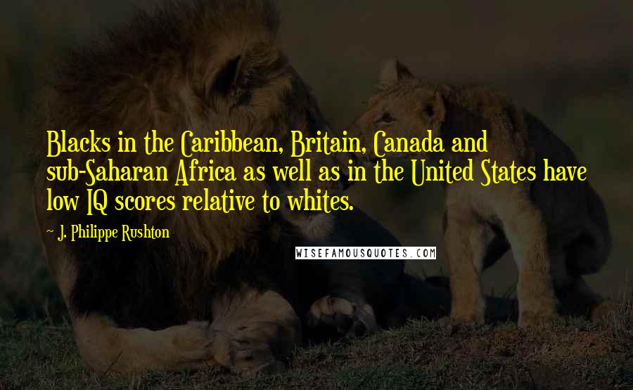 J. Philippe Rushton Quotes: Blacks in the Caribbean, Britain, Canada and sub-Saharan Africa as well as in the United States have low IQ scores relative to whites.