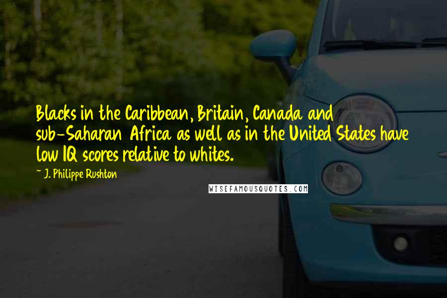 J. Philippe Rushton Quotes: Blacks in the Caribbean, Britain, Canada and sub-Saharan Africa as well as in the United States have low IQ scores relative to whites.