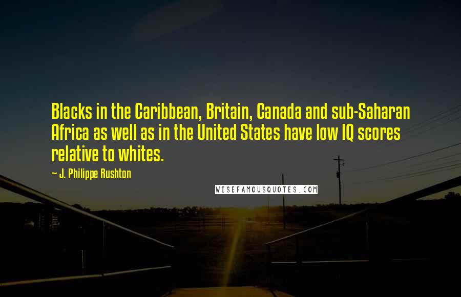 J. Philippe Rushton Quotes: Blacks in the Caribbean, Britain, Canada and sub-Saharan Africa as well as in the United States have low IQ scores relative to whites.