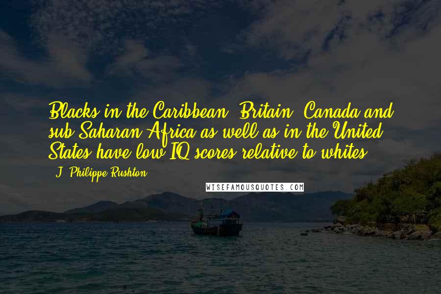 J. Philippe Rushton Quotes: Blacks in the Caribbean, Britain, Canada and sub-Saharan Africa as well as in the United States have low IQ scores relative to whites.