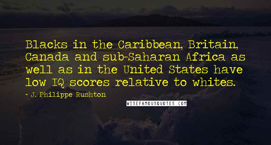 J. Philippe Rushton Quotes: Blacks in the Caribbean, Britain, Canada and sub-Saharan Africa as well as in the United States have low IQ scores relative to whites.