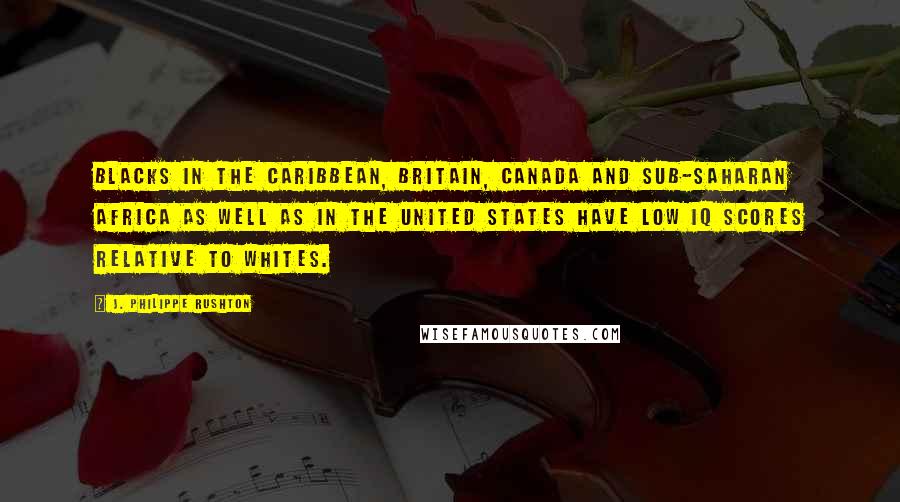 J. Philippe Rushton Quotes: Blacks in the Caribbean, Britain, Canada and sub-Saharan Africa as well as in the United States have low IQ scores relative to whites.