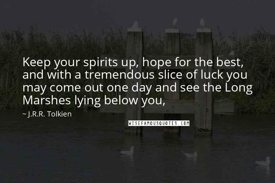 J.R.R. Tolkien Quotes: Keep your spirits up, hope for the best, and with a tremendous slice of luck you may come out one day and see the Long Marshes lying below you,