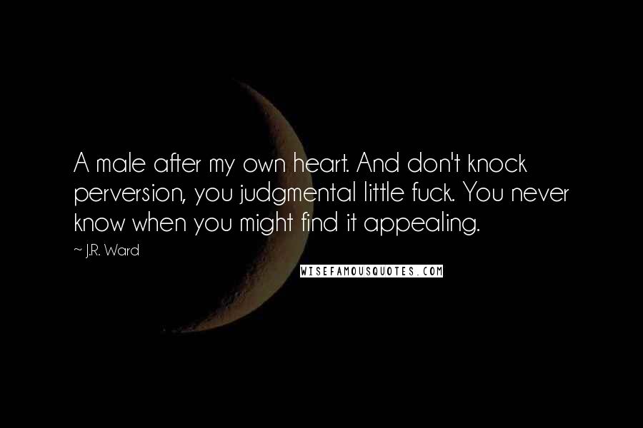 J.R. Ward Quotes: A male after my own heart. And don't knock perversion, you judgmental little fuck. You never know when you might find it appealing.