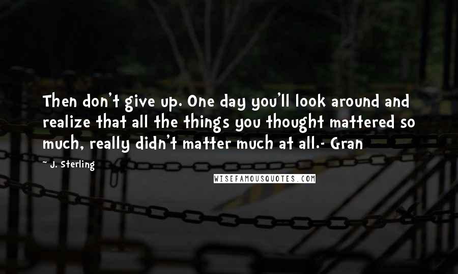 J. Sterling Quotes: Then don't give up. One day you'll look around and realize that all the things you thought mattered so much, really didn't matter much at all.- Gran