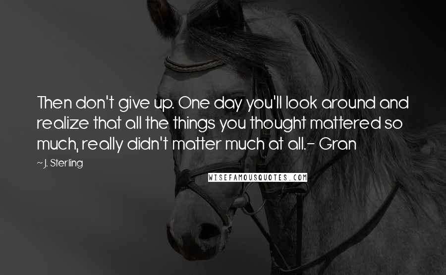 J. Sterling Quotes: Then don't give up. One day you'll look around and realize that all the things you thought mattered so much, really didn't matter much at all.- Gran