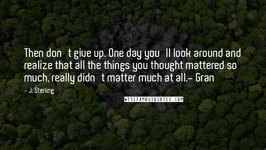 J. Sterling Quotes: Then don't give up. One day you'll look around and realize that all the things you thought mattered so much, really didn't matter much at all.- Gran