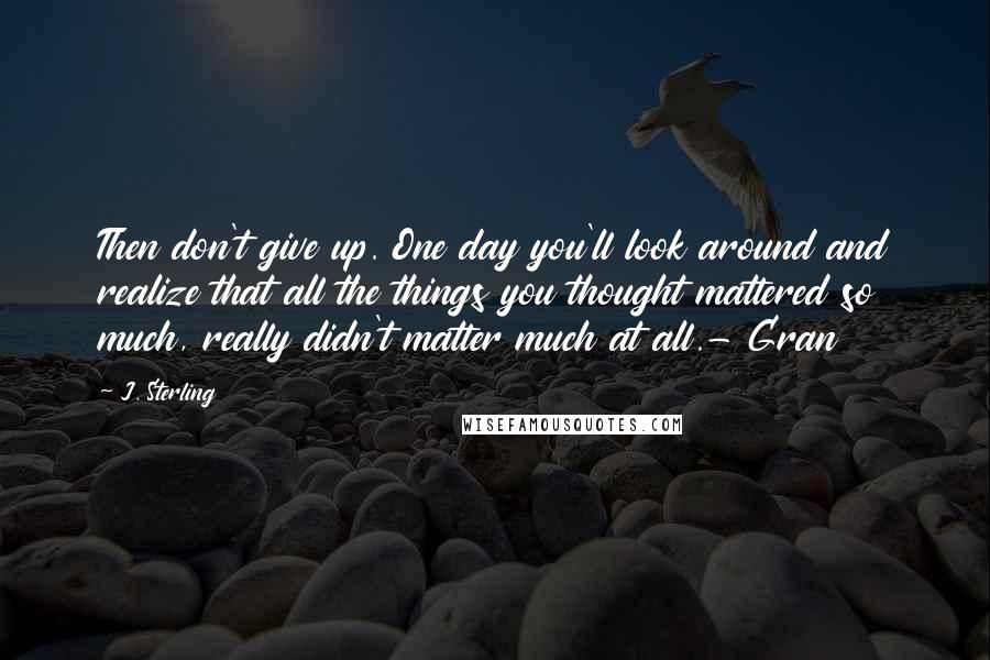 J. Sterling Quotes: Then don't give up. One day you'll look around and realize that all the things you thought mattered so much, really didn't matter much at all.- Gran
