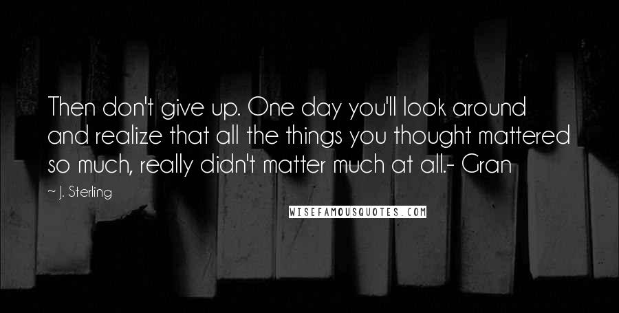 J. Sterling Quotes: Then don't give up. One day you'll look around and realize that all the things you thought mattered so much, really didn't matter much at all.- Gran