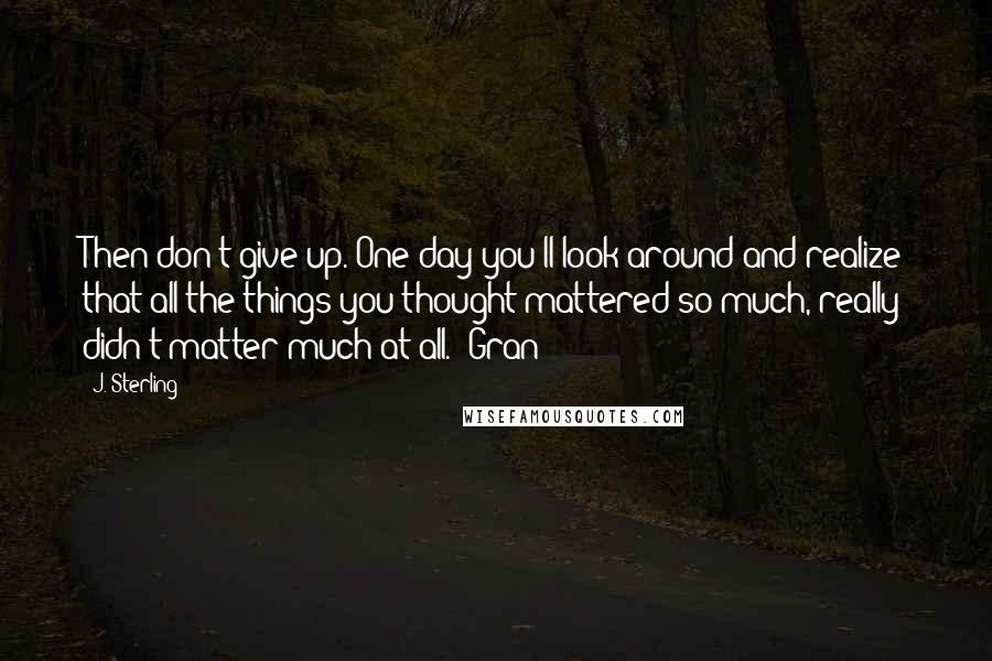 J. Sterling Quotes: Then don't give up. One day you'll look around and realize that all the things you thought mattered so much, really didn't matter much at all.- Gran