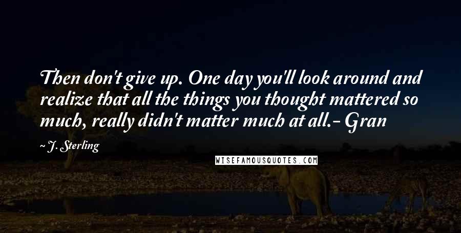 J. Sterling Quotes: Then don't give up. One day you'll look around and realize that all the things you thought mattered so much, really didn't matter much at all.- Gran