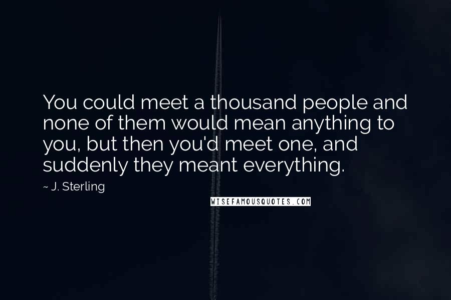 J. Sterling Quotes: You could meet a thousand people and none of them would mean anything to you, but then you'd meet one, and suddenly they meant everything.