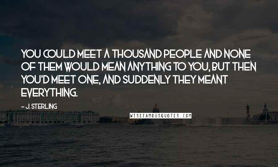 J. Sterling Quotes: You could meet a thousand people and none of them would mean anything to you, but then you'd meet one, and suddenly they meant everything.