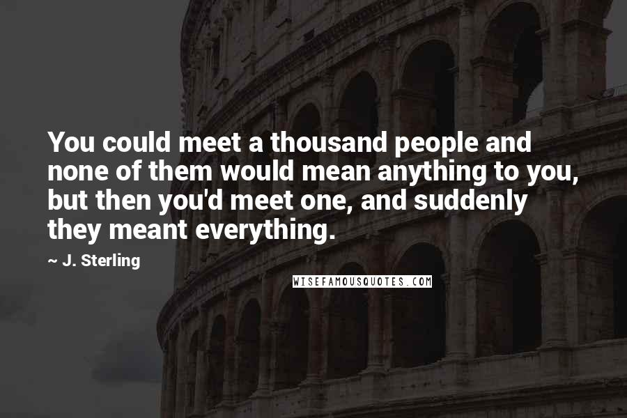 J. Sterling Quotes: You could meet a thousand people and none of them would mean anything to you, but then you'd meet one, and suddenly they meant everything.