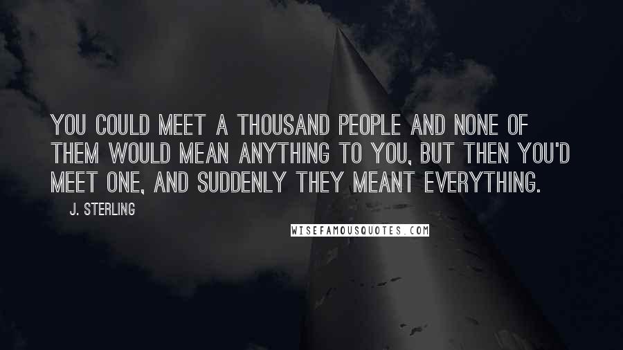 J. Sterling Quotes: You could meet a thousand people and none of them would mean anything to you, but then you'd meet one, and suddenly they meant everything.