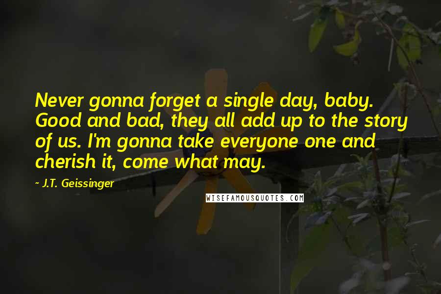 J.T. Geissinger Quotes: Never gonna forget a single day, baby. Good and bad, they all add up to the story of us. I'm gonna take everyone one and cherish it, come what may.