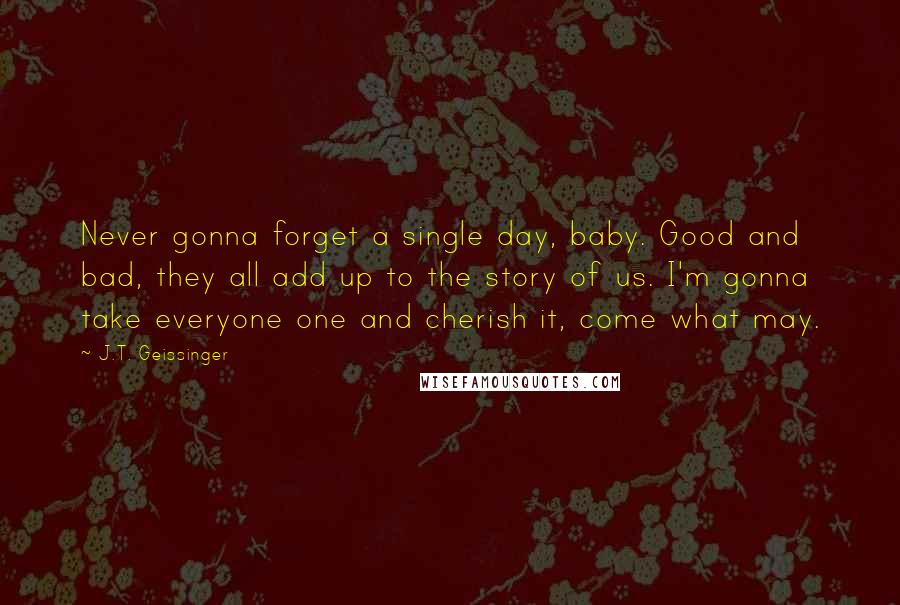 J.T. Geissinger Quotes: Never gonna forget a single day, baby. Good and bad, they all add up to the story of us. I'm gonna take everyone one and cherish it, come what may.