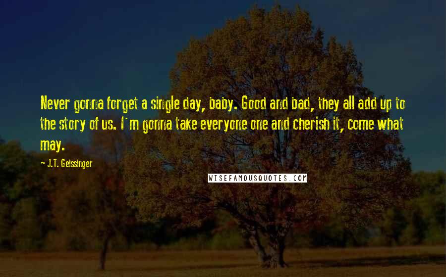 J.T. Geissinger Quotes: Never gonna forget a single day, baby. Good and bad, they all add up to the story of us. I'm gonna take everyone one and cherish it, come what may.