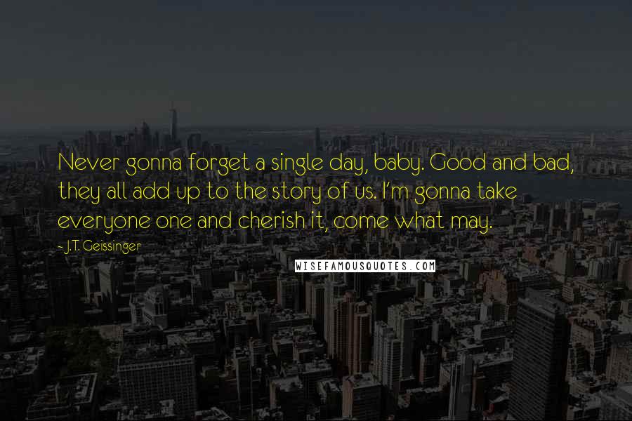 J.T. Geissinger Quotes: Never gonna forget a single day, baby. Good and bad, they all add up to the story of us. I'm gonna take everyone one and cherish it, come what may.
