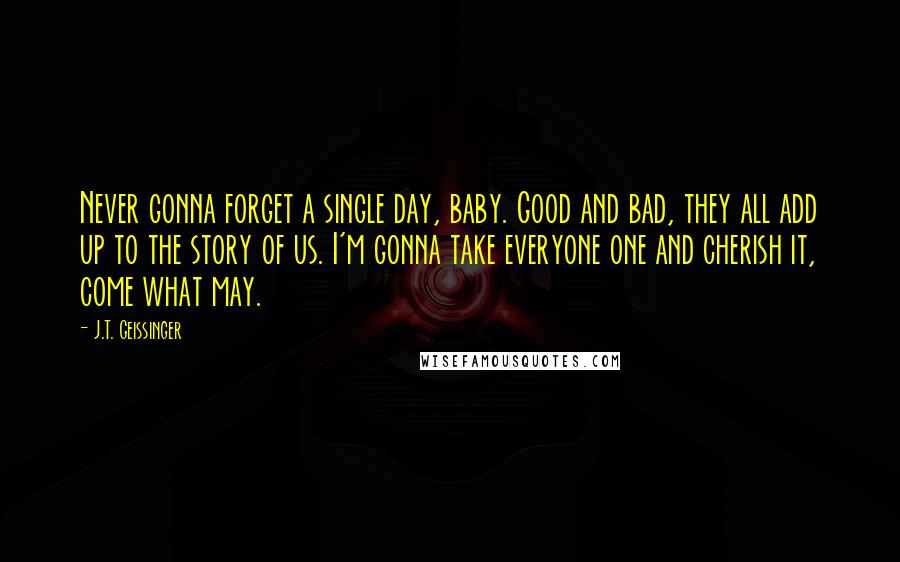 J.T. Geissinger Quotes: Never gonna forget a single day, baby. Good and bad, they all add up to the story of us. I'm gonna take everyone one and cherish it, come what may.