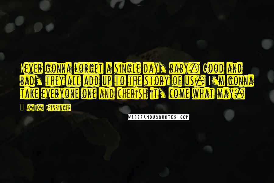 J.T. Geissinger Quotes: Never gonna forget a single day, baby. Good and bad, they all add up to the story of us. I'm gonna take everyone one and cherish it, come what may.