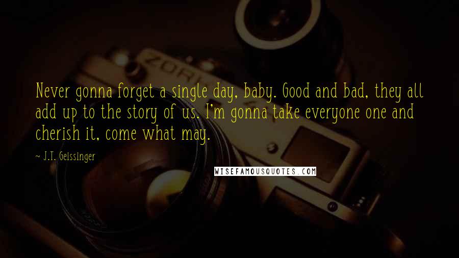 J.T. Geissinger Quotes: Never gonna forget a single day, baby. Good and bad, they all add up to the story of us. I'm gonna take everyone one and cherish it, come what may.