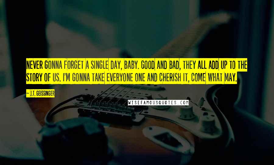 J.T. Geissinger Quotes: Never gonna forget a single day, baby. Good and bad, they all add up to the story of us. I'm gonna take everyone one and cherish it, come what may.