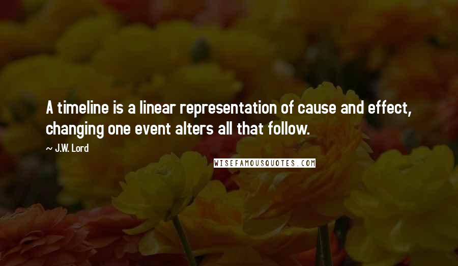 J.W. Lord Quotes: A timeline is a linear representation of cause and effect, changing one event alters all that follow.
