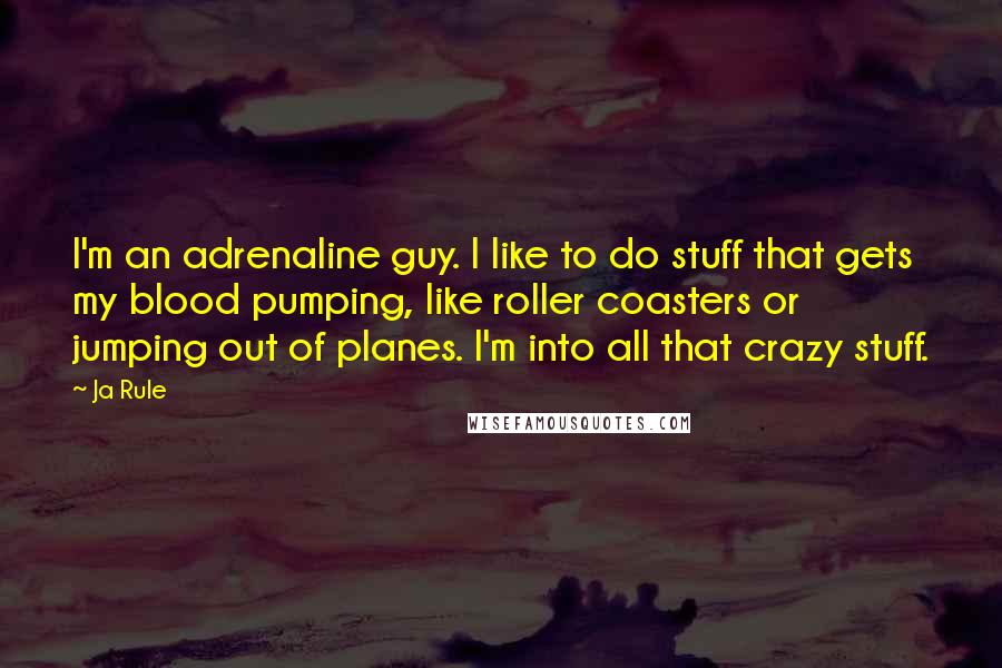 Ja Rule Quotes: I'm an adrenaline guy. I like to do stuff that gets my blood pumping, like roller coasters or jumping out of planes. I'm into all that crazy stuff.