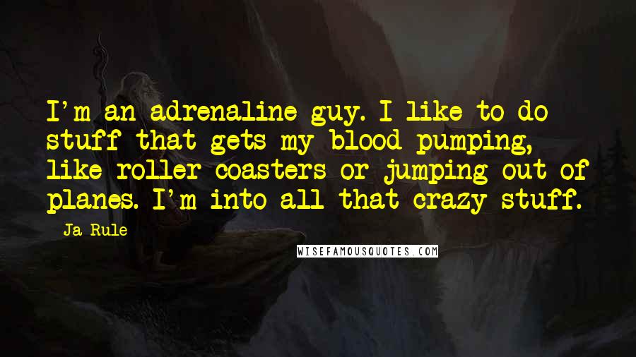 Ja Rule Quotes: I'm an adrenaline guy. I like to do stuff that gets my blood pumping, like roller coasters or jumping out of planes. I'm into all that crazy stuff.